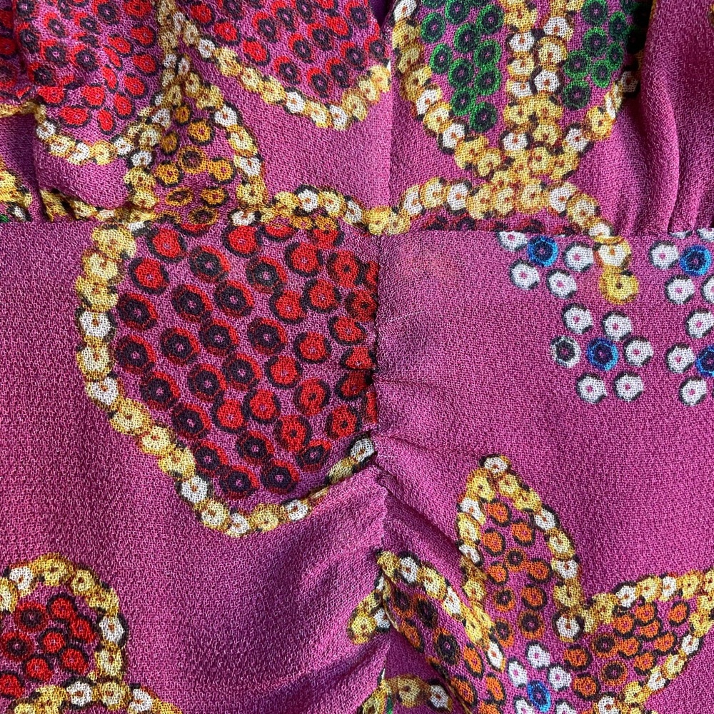 FARM RIO Mauve Pink Blue Floral Long Sleeve Plunging V Ruched Ruffle Mini Dress - Picture 14 of 17